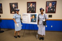 TSgt. Blakeney (L) and TSgt. Cain (R) donned period Women in the AIr Force (WAF) Uniforms, recognizing Maj. Gen. Harris, the first African American USAF general.